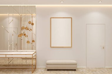 İçinde bir dolap ve aynanın yanında bir avize, boş bir maket posteri, bir bank, bir kapı ve bir parke olan modern, parlak bir salon. Ön manzara. 3d hazırlayıcı