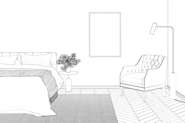 アームチェアの横にある床ランプ付きの居心地の良いベッドルームのスケッチ 壁に垂直ポスター リネン付きのベッドの横にあるナイトテーブルの牡丹 正面図 3Dレンダリング — ストック写真