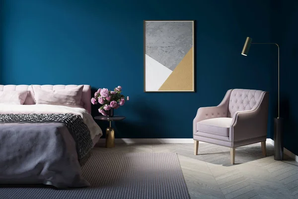 A cozy dark bedroom with a floor lamp next to a pink armchair, a vertical poster on a dark blue wall, peonies on a night table next to a bed with pink linens. Front view. 3d render