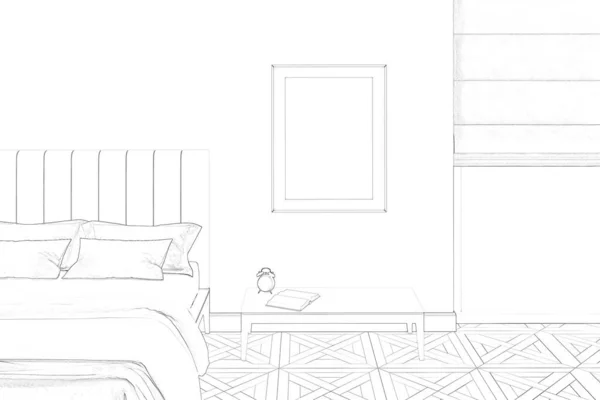 ベッドとローマのブラインド付きの窓の間のコーヒーテーブルの上の垂直ポスター付きの寝室のインテリアのスケッチ 正面図 3Dレンダリング — ストック写真