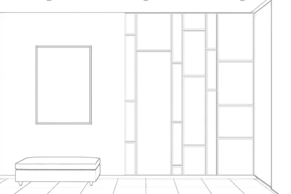 空白のポスター ベンチ ワードローブ タイル張りの床が付いたモダンな廊下のインテリアのスケッチ 正面図 3Dレンダリング — ストック写真