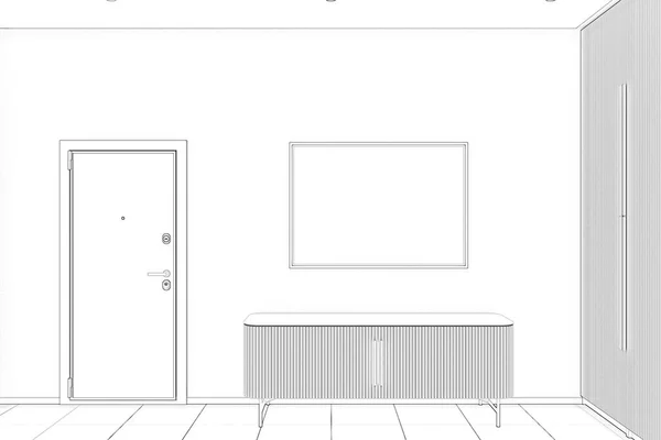 Náčrt Moderního Interiéru Chodby Vstupními Dveřmi Prázdným Plakátem Šatníkem Dlaždicovou — Stock fotografie