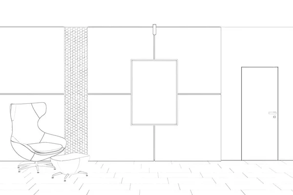 Эскиз Современного Интерьера Креслом Пустым Макетом Стене Плиточным Полом Дверью — стоковое фото