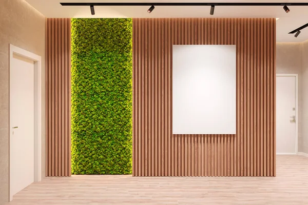 Modern eco-style interior with a vertical poster on a wooden wall, backlit moss, spotlights in the ceiling, two doors, and a wooden floor. Front view. 3d render