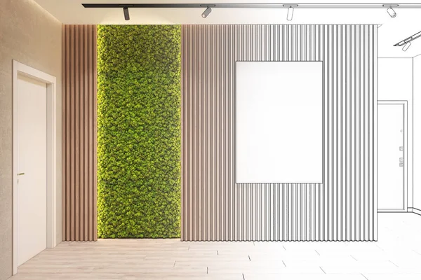 The sketch was transformed into a modern eco-style interior with a vertical poster on a wooden wall, backlit moss, spotlights on the ceiling, two doors, and a wooden floor. Front view. 3d render
