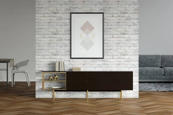 Karanlık ahşap bir standın üzerindeki duvarda dikey bir posterle oturma odası ve yemek odası manzaralı modern bir salon. Ön manzara. 3d hazırlayıcı