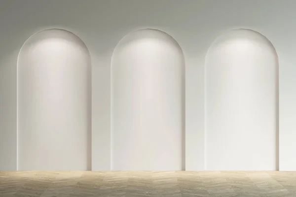 Sahne ışığı olan üç kemerli boş bir galeri. Ön manzara. 3d hazırlayıcı