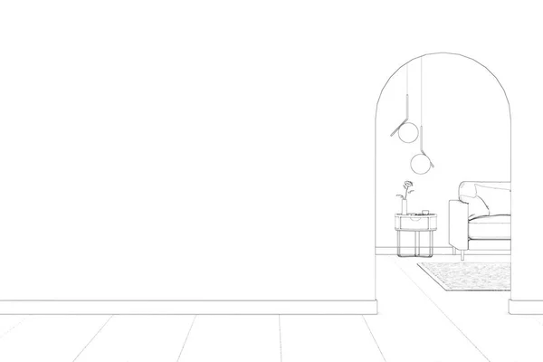空荡荡的大厅里的素描 通过一个拱门俯瞰着客厅 拱门上有一堵空白的墙 铺着瓷砖的地板 前面的景色3D渲染 — 图库照片