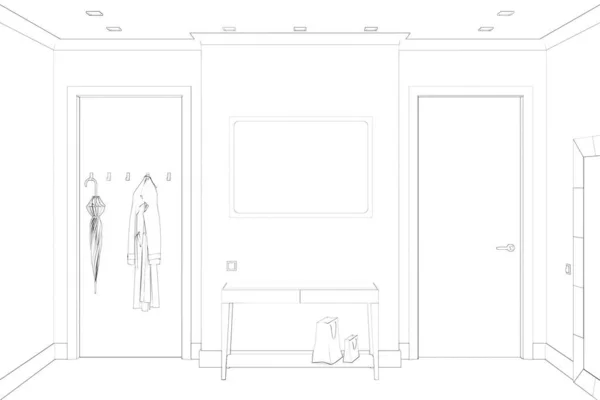 ショッピングバッグと台座の上に2つのドア 空白の水平方向のポスターと対称的な現代の廊下のスケッチ 正面図 3Dレンダリング — ストック写真