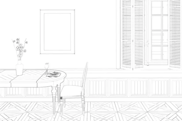 餐厅内部的素描用木制百叶窗 木制墙板 垂直的海报上方有一张餐桌 3D渲染 — 图库照片