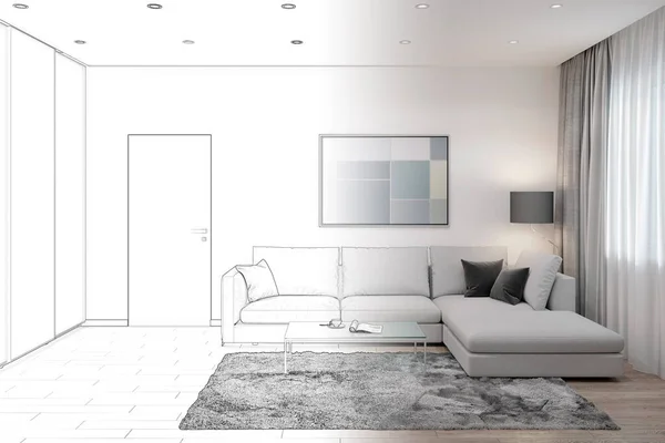 Illustration Skizze Eines Wohnzimmers Mit Sofa Couchtisch Bild Und Kleiderschrank — Stockfoto