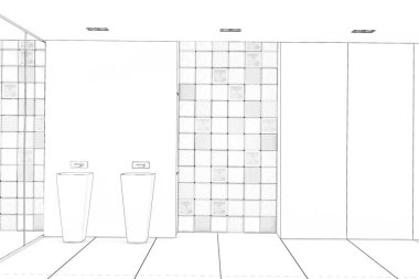 Penceresi ve lavabosu olan minimalist bir banyo odası çizimi. Ön manzara. 3d hazırlayıcı