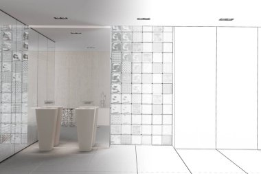 Penceresi ve lavabosu olan minimalist bir banyo odası çizimi gerçek bir iç mekan haline geldi. Ön manzara. 3d hazırlayıcı
