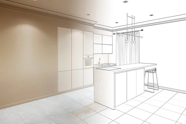 Kresba Moderní Interiérové Kuchyně Snídaňovým Barem Prázdnou Stěnou Stala Skutečným — Stock fotografie