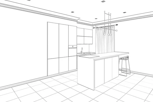现代室内厨房的素描 配有早餐吧和空荡荡的墙壁 3D说明 — 图库照片