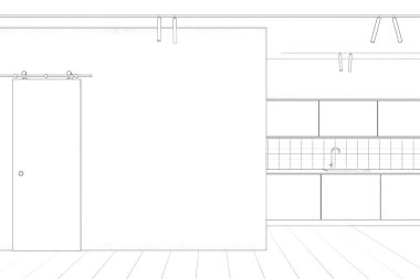 Duvarı ve zemini döşemeli, arka planda mutfağı olan boş bir modern iç mekan çizimi. Ön manzara. 3d hazırlayıcı