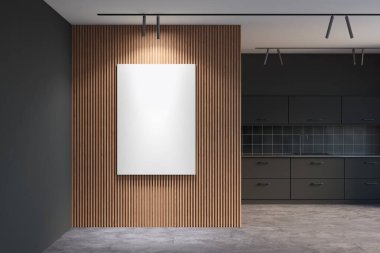 Boş, ahşap bir duvara, arka planda mutfak olan şık, siyah bir iç mekânın posterini asıyor. Ön manzara. 3d hazırlayıcı