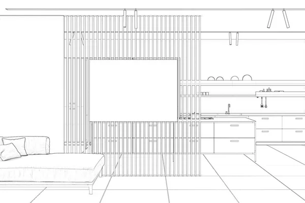 Boceto Interior Vacío Sala Estar Con Sofá Póster Maqueta Vacío —  Fotos de Stock