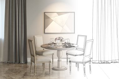 Döşemesi fayansla döşenmiş bir yemek odası çizimi ve perdeli iki pencere, bir resim ve bir masa, dört kişilik servis gerçek bir iç mekan haline geldi. Ön manzara. 3d hazırlayıcı