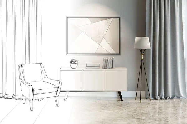 Skiss Det Moderna Rummet Interiör Med Två Fönster Inredning Piedestal — Stockfoto