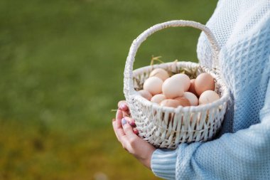 Kadının elinde hasır sepet içinde tavuk yumurta yalan.