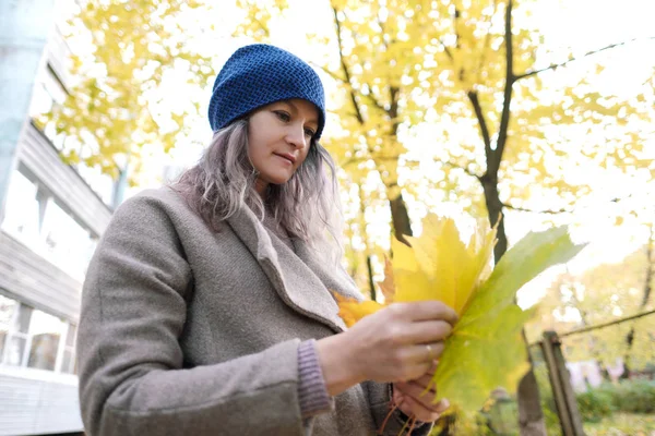 Das Mädchen in Mantel und blauem Hut auf einem Hintergrund aus Herbstbäumen und Ahornblättern. — Stockfoto