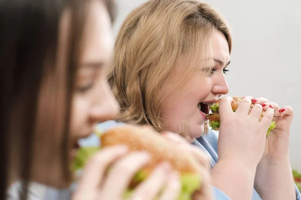 Dos chicas, delgadas y gordas, rubias y morenas, comen hamburguesas. Sobre un fondo blanco, el tema de la dieta y la nutrición adecuada . — Foto de Stock