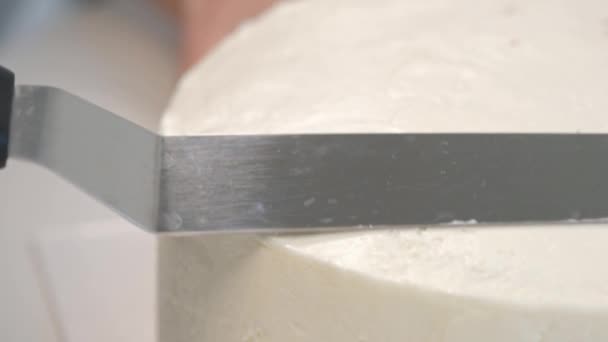 White smooth cylindrical cake blank. The confectioner creates the shape of a pastry spatula. — Stock Video