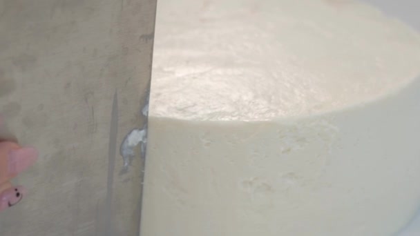 Witte gladde cilindrische cake blank. De banketbakker creëert de vorm van een deeg spatel. — Stockvideo