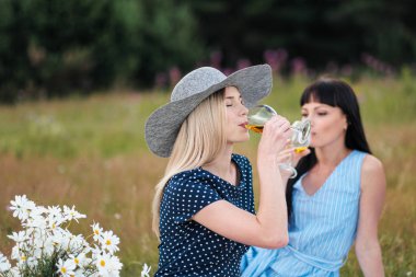 Üç genç kadın, Sarışın, esmer ve mavi elbiseler ve şapkalar boyalı saç ile, ekose ve gözlük şarap içmek oturur. Ormanda çim açık piknik. Piknik sepeti lezzetli yemek.