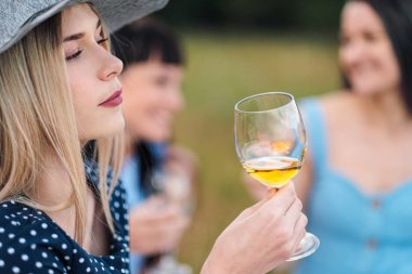 Üç genç kadın, Sarışın, esmer ve mavi elbiseler ve şapkalar boyalı saç ile, ekose ve gözlük şarap içmek oturur. Ormanda çim açık piknik. Piknik sepeti lezzetli yemek.