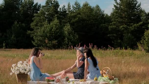 Drei junge attraktive Mädchen bei einem Picknick. Der Fotograf fotografiert mit der spiegellosen Kamera zweier Modelle. Models posieren und Fotos ansehen. — Stockvideo