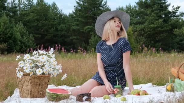 Una joven y hermosa mujer rubia con sombrero y vestido está bebiendo limonada de una lata mientras está sentada sobre una tela a cuadros en la hierba verde. Cesta de picnic, un ramo de margaritas, sandía . — Vídeos de Stock