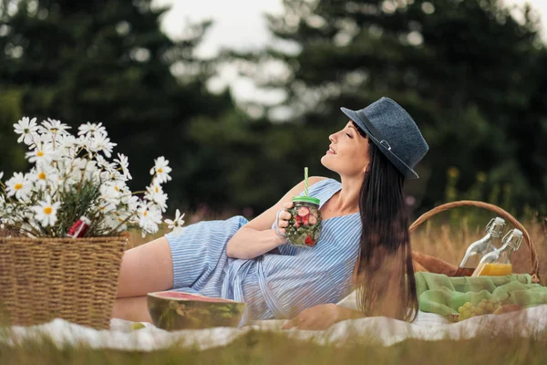 Eine junge schöne Frau mit Hut und Kleid trinkt Limonade aus einem Glas, auf Plaid auf grünem Gras sitzend. Picknickkorb, Strauß Margeriten, Wassermelone. — Stockfoto