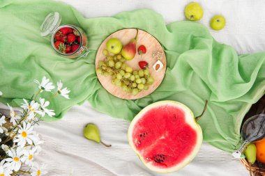 Yeşil çim üzerinde çayırda yaz pikniği. Meyve sepeti, meyve suyu ve şişe şarap, karpuz, çilek bir cam kavanoz ve ekmek Bagetler. Beyaz masa örtüsü ve bir buket alan papatyalar.