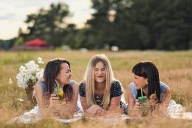 Mavi elbiseler içinde üç genç kadın, ve şapka ekose ve İçecek şarap üzerinde yatıyor. Sahilde çim üzerinde açık piknik. Piknik sepeti ve şarap lezzetli yemek. Karpuz, üzüm ve buket.
