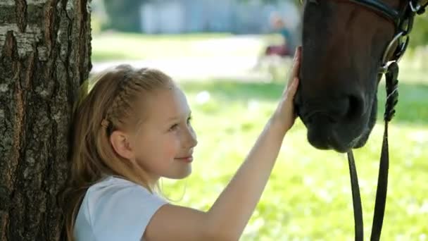 Teenie-Jockey sitzt auf einer grünen Lichtung unter einem Baum. Füttert ein Pferd mit einem Apfel und streicht es. — Stockvideo