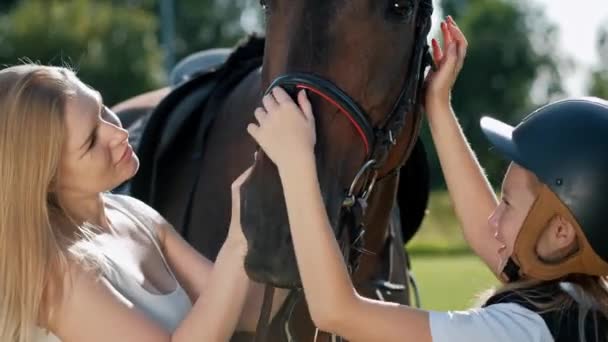 Moeder en dochter ruiters en jockeys op een groen veld knuffelen een bruin paard. — Stockvideo