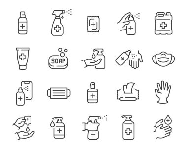 Antiseptikler ve antivirüs koruma ikonu hazır. Düzenlenebilir vektör vuruşu.