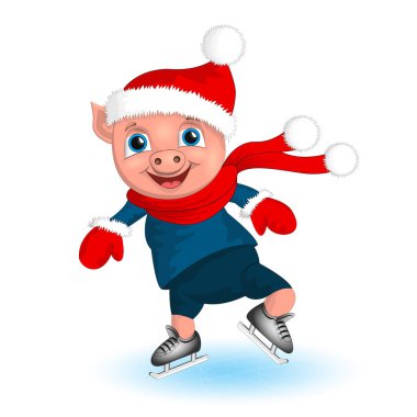 Noel Baba kostüm domuz çocuk. Komik Noel domuz Paten pisti tebrik kartı üzerinde çizgi film. Kırmızı eşarp ile domuz yavrusu. Mutlu Çin yeni yılı. Kış sahne ve kış spor aktivitesi. Domuz sembolü yeni yıl