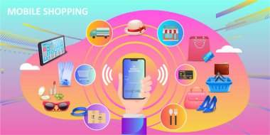 İnternet üzerinden internet üzerinden alışveriş yapmanın dijital pazarlama vektörü illüstrasyonu arka plan iş teknolojisi teknolojisi pazarlama çevrimiçi dağıtım hizmeti, dükkan düzeni izleme, şehir lojistiği