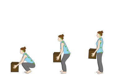 Güvenli bir şekilde ağır bir nesne kaldırmak için doğru duruş. Sağlık Illustration. vektör çizim