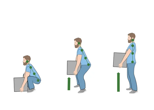 Güvenli bir şekilde ağır bir nesne kaldırmak için doğru duruş. Sağlık Illustration. vektör çizim