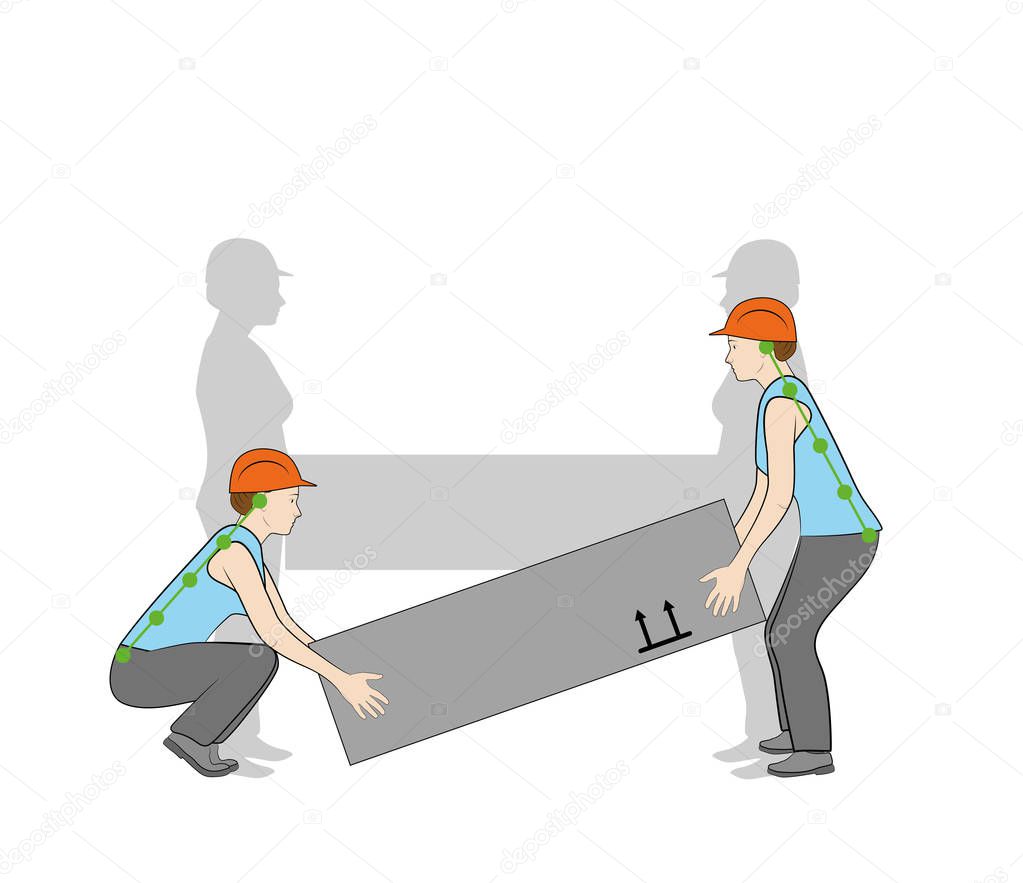 Correct posture to lift a heavy object safely. Illustration of health care. vector illustration