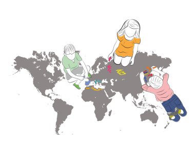 Çocuklar dünyayı renkli kalemler ile çizin. vektör çizim.