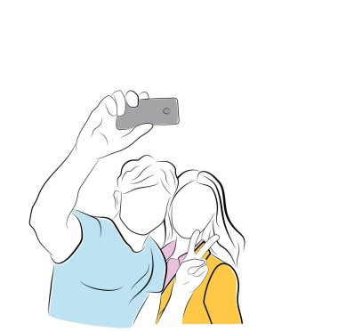 Bir adam bir kızla bir selfie yapıyor. vektör çizim.