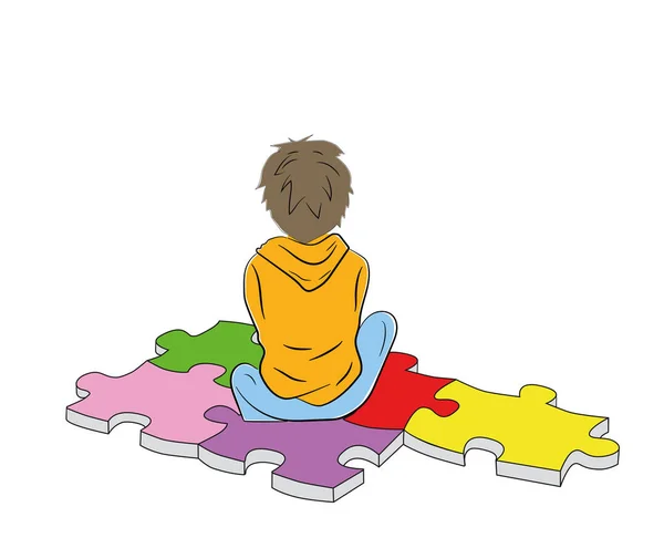 Niño Sienta Los Puzzles Símbolo Del Autismo Ilustración Vectorial — Vector de stock