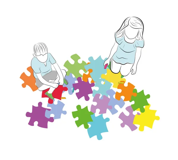 Bambini Sono Seduti Sopra Puzzle Con Simbolo Dell Autismo Illustrazione — Vettoriale Stock