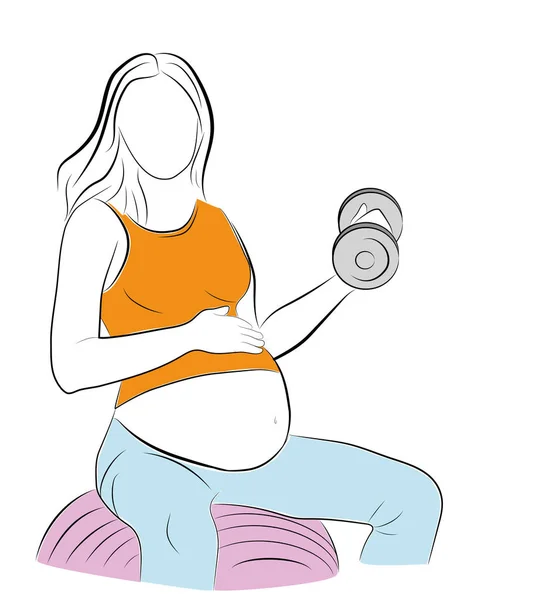 Femme Enceinte Faisant Des Exercices Avec Des Haltères Assis Sur — Image vectorielle