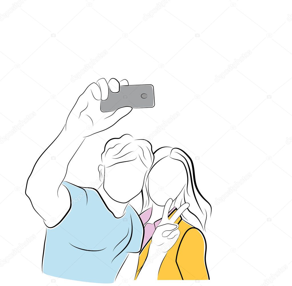 A guy with a girl is making a selfie. vector illustration.
